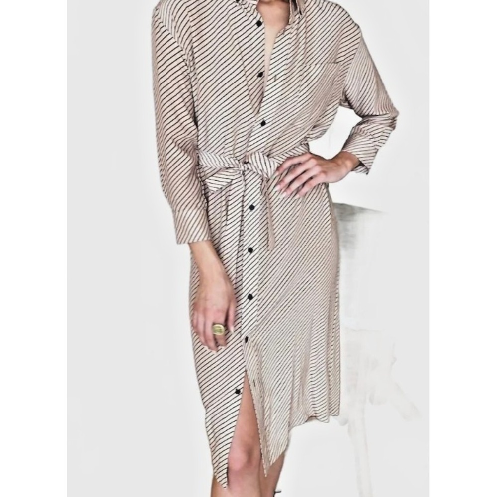 Emerson Fry Ry Striped Shirt Dress Beige/Black S Midi Long Sleeve Button Belted